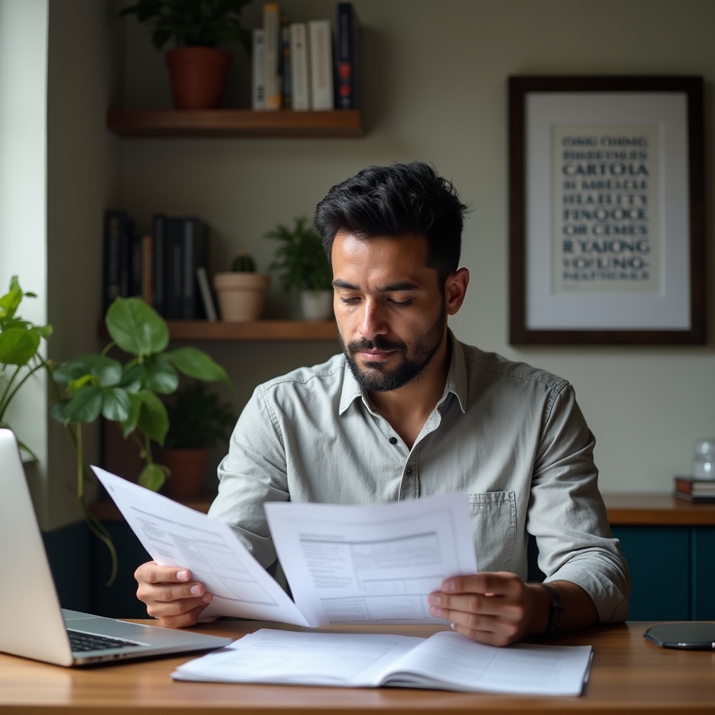 Colombian entrepreneur reviewing business finances at a desk in Bogotá