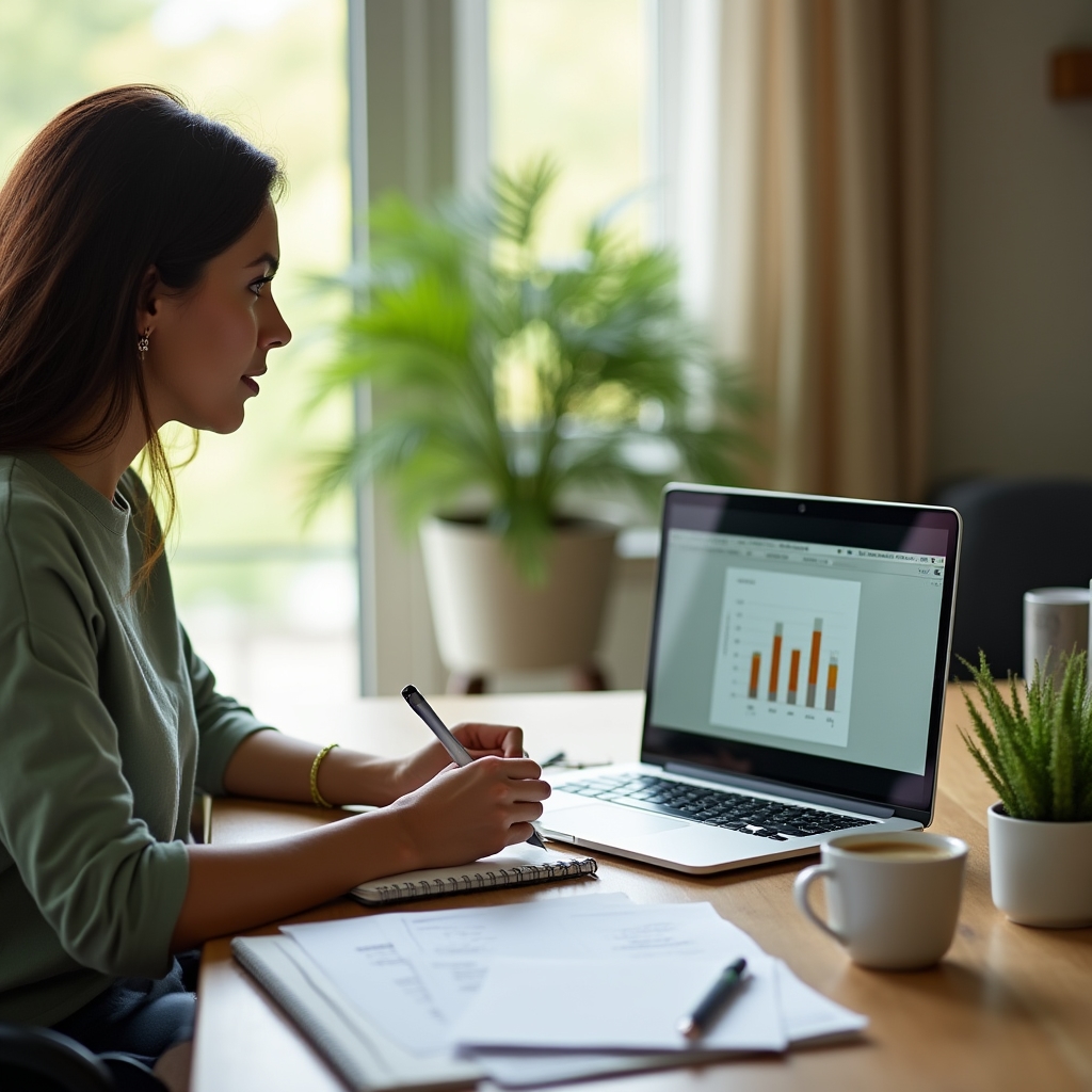 Entrepreneur watching a recorded business webinar on a laptop at home